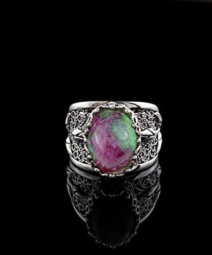 Filigranist 925 Sterling Silver Filigree Art Lace Embroidery Tulip Detailed Gemstone Women Cocktail Ring, Luxurious Gift Boxed - color: Ruby Zoisite