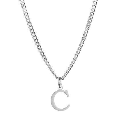 Men’s Minimal Initial Necklace, Stainless Steel Gold Silver Tone 26 Letters Pendant Necklace for Men Women 3.5mm Cuban Chain Waterproof - style: C