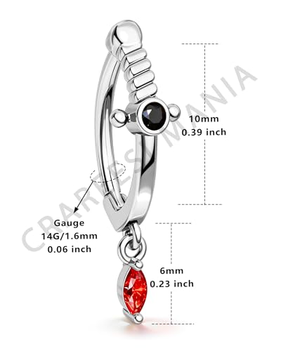 Belly Button Clicker Rings, 316L Surgical Steel Belly Button Piercing Jewelry, 14G Dagger Reversed Belly Ring for Women, Sword Navel Rings - color: Silver