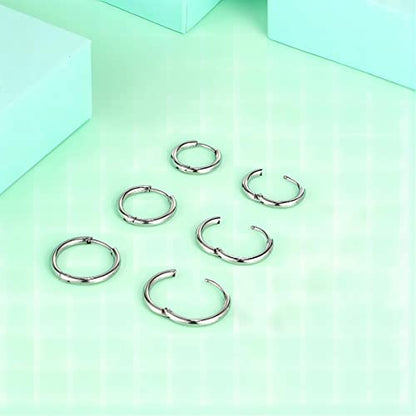 Surgical Stainless Steel Hoop Earrings 8mm/10mm/12mm Small Huggie Hoop Earrings for Women and Men - color: D: Silver (Diameter 8mm/10mm/12mm),3 Pairs