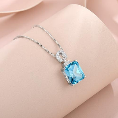Emerald Cut Birthstone Necklace for Women 925 Sterling Silver | Baguette Birthstone Pendant Necklace, Jewelry for Mom Wife - color: Sea Blue