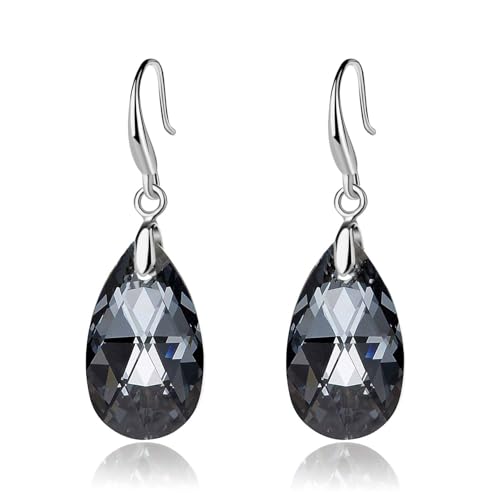 Austrian Crystal Teardrop Dangle Hook Earrings for Women 14K Gold Plated Hypoallergenic Jewelry - color: Grey-Black