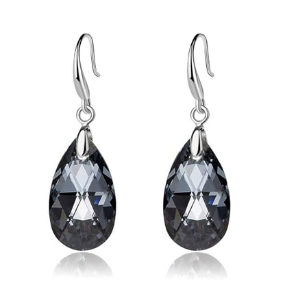 Austrian Crystal Teardrop Dangle Hook Earrings for Women 14K Gold Plated Hypoallergenic Jewelry - color: Grey-Black
