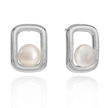 Pearl Geometric Stud Earrings for Women - 14k Gold Plated Pearl Square Studs 316 Stainless Steel Hypoallergenic Minimalist Rectangle Ear Jewelry Birthday Gifts for Her