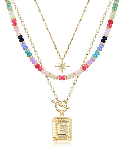 MJartoria Layered Initial Necklaces for Women | 14K Gold Plated Brass, Star Choker, Colorful Beaded, Square Letter Pendant, - color: Gold Plated, style: E