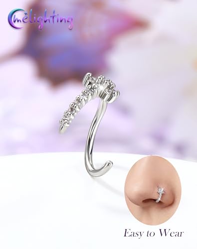 Melighting 20G Butterfly Nose Ring Hoop 8 mm Open Seamless Nose Piercing Jewelry Surgical Steel 316L, Twist Nostril Ring with Marquise and Round CZ, Silver Flower Body Piercing for Women - style: Flower