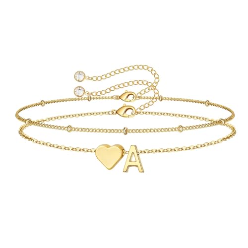 M MOOHAM Initial Bracelets for Women Teen Girls - Heart Letter A-Z Bracelet | Dainty 14K Gold Plated Jewelry, Heart Initial Bracelet, Bracelets for Women Girls Trendy, Birthday Gifts for Women Girls Her - color: Gold - A