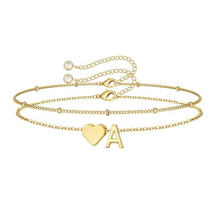 M MOOHAM Initial Bracelets for Women Teen Girls - Heart Letter A-Z Bracelet | Dainty 14K Gold Plated Jewelry, Heart Initial Bracelet, Bracelets for Women Girls Trendy, Birthday Gifts for Women Girls Her - color: Gold - A