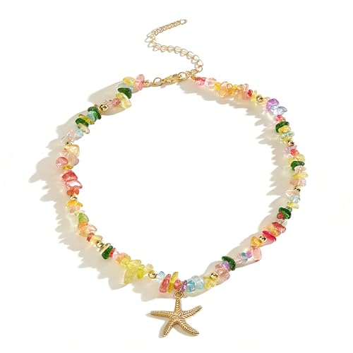 Gold Starfish Necklace Natural Stone Beaded Necklaces for Women Boho Handmade Irregular Stone Bead Necklace Summer Beach Ocean Jewelry Gift - color: Colorful