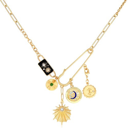Charm Necklace for Women Gold Evil Eye Sun Moon Flower Coin Pendant Necklace Dainty Paperclip Chain Vintage Luck Amulet Choker Necklaces Celestial Jewelry Gift - style: Detachable- Sun, Moon, Star