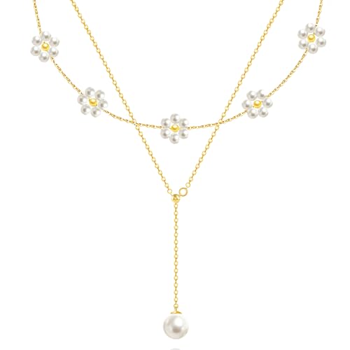 OGD Gold Pearl Necklace Set for Women 14K Plated Layered Daisy Choker Gift - color: 2PCS-Lariat Daisy Pearl-Gold