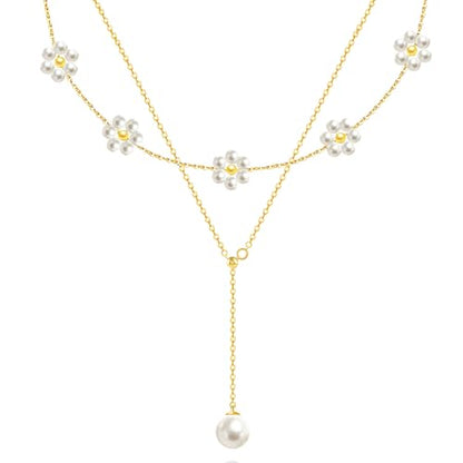 OGD Gold Pearl Necklace Set for Women 14K Plated Layered Daisy Choker Gift - color: 2PCS-Lariat Daisy Pearl-Gold