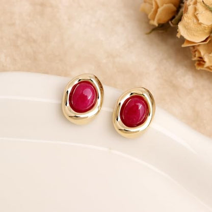 Jean Beau Chunky Gold Stone Stud Earrings for Women, Trendy Natural Gemstone Hypoallergenic Earing Valentine Jewelry Gift - color: Fuchsia