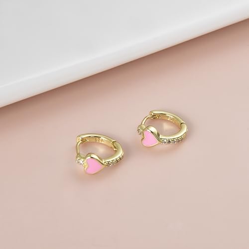 Enamel Heart Huggie Hoop Earrings with Cubic Zirconia Silver Small Hinged Hoops for Women - color: Heart Pink Enamel