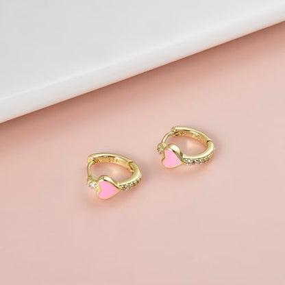 Enamel Heart Huggie Hoop Earrings with Cubic Zirconia Silver Small Hinged Hoops for Women - color: Heart Pink Enamel