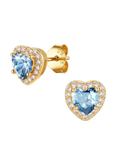 FindChic Birthstone Earrings for Women, Round/Heart/Square/Teardrop Earrings with 925 Sterling Silver Posts & Push Backs, Hypoallergenic Studs with Cubic Zirconia, 12 Months Jewelry with Gift Box - style: 03. March-Aquamarine (Heart-Gold)