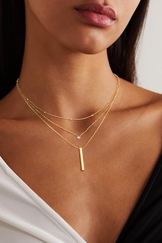 14K Gold Silver Plated Layered Necklaces for Women Trendy | Necklaces for Women Trendy, Stackable Dainty Chain Necklace, Beach Cute Fashion Pendant Choker Necklace, Jewelry Set Gifts - color: 3PCS / Satellite & CZ & Bar