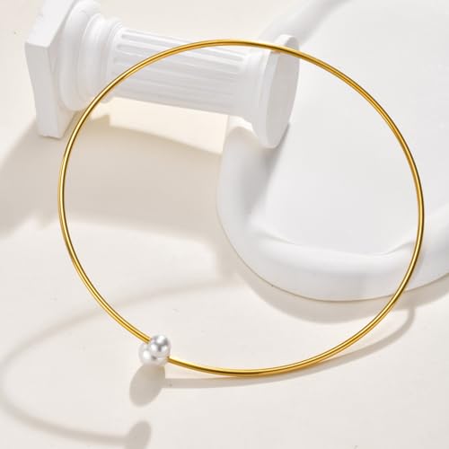 JAJAFOOK Minimalist Round Gold-Tone Bar Necklace Simple Fashion High Neck Choker Female King Neckwire - color: Wire with faux pearl‌