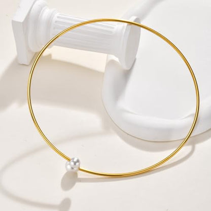 JAJAFOOK Minimalist Round Gold-Tone Bar Necklace Simple Fashion High Neck Choker Female King Neckwire - color: Wire with faux pearl‌