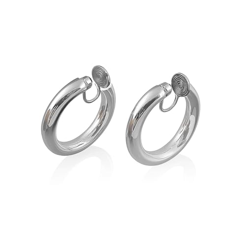A Season Women Twisted Gold/Silver Round Clip On Hoop Earrings for Non Pierced Ears Hoops Earrings, Small/Medium/Large (Silver Solid Round)