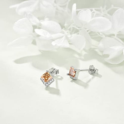 Birthstone Stud Earrings Sterling Silver Square Created Crystal Earrings Cubic Zirconia Hypoallergenic Piercing Jewelry Small Gifts for Women Mothers - color: Nov-Citrine
