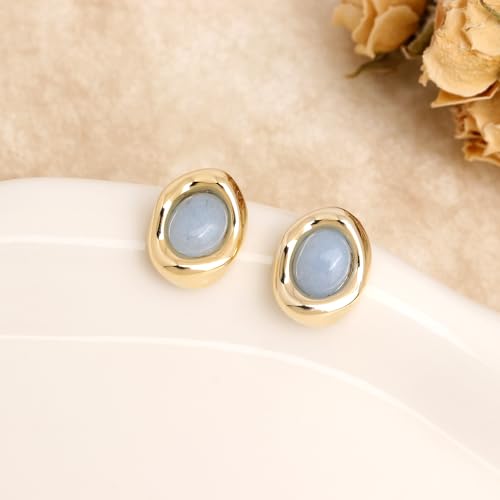 Jean Beau Chunky Gold Stone Stud Earrings for Women, Trendy Natural Gemstone Hypoallergenic Earing Valentine Jewelry Gift - color: Milky Aquamarine