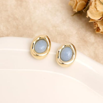 Jean Beau Chunky Gold Stone Stud Earrings for Women, Trendy Natural Gemstone Hypoallergenic Earing Valentine Jewelry Gift - color: Milky Aquamarine