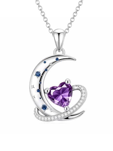 Birthstone Necklace for Women White Gold Moon and Star Pendant Moon Jewelry Anniversary Birthday Gifts for Mom Wife Her - color: 02. February - Amethyst