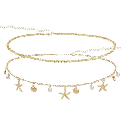 TEBIEKOY Waist Chains for Women, 2 pcs Gold Starfish & Pearl Belly Chain Body Jewelry with Dangle Charms for Beach, Bikini & Summer
