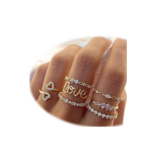 Women Gold Love Knuckle Rings Set - Vintage Stackable Midi Rings with Dainty Cubic Zirconia Crystal, Simple Twist Hollow Design, Cute Jewelry Gift Pack