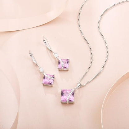 Square Princess Cut Necklace 925 Sterling Silver Solitaire Pendant Necklace Birthstone Jewelry Gifts for Women - color: 10 October - Pink Tourmaline