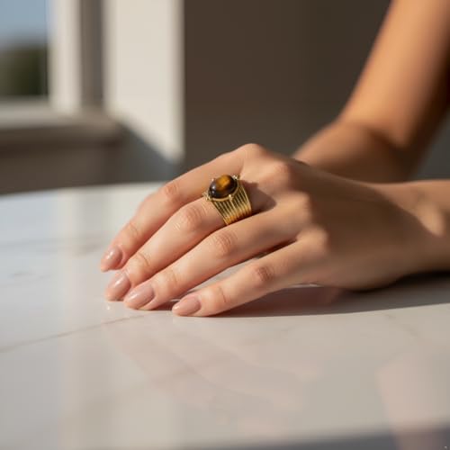 Western Captivating Tiger's Eye Stone Ring,Solitaire 8 * 10mm Oval Cut Gemstone 18K Gold Plated Stack 13mm Wide Ribbed Texture Band Statement Ring for Women - style: Tiger's Eye A