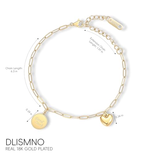 18K Gold Plated Paperclip Link Chain Bracelet with Charms, Gift with a Box - color: Heart and Good Luck