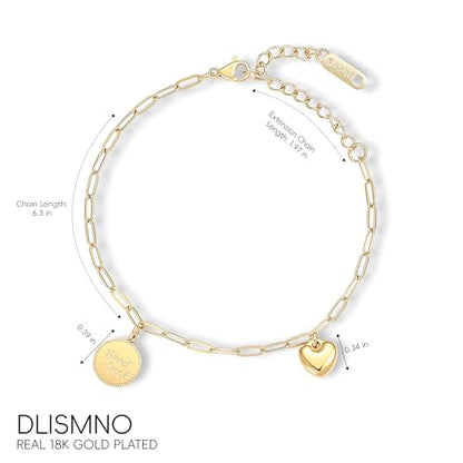 18K Gold Plated Paperclip Link Chain Bracelet with Charms, Gift with a Box - color: Heart and Good Luck