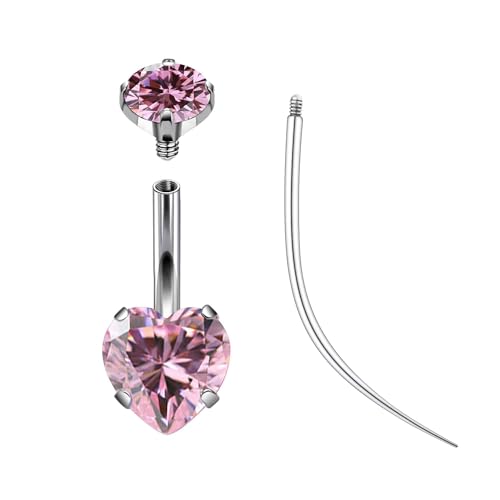 ASTM F136 Titanium Belly Button Rings 14G CZ Heart Belly Navel Rings 10mm Bar Body Piercing Jewelry Navel Ring With 1PCS Curved Piercing Taper - color: Pink CZ