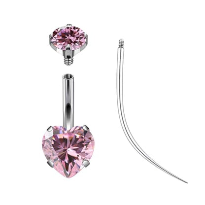ASTM F136 Titanium Belly Button Rings 14G CZ Heart Belly Navel Rings 10mm Bar Body Piercing Jewelry Navel Ring With 1PCS Curved Piercing Taper - color: Pink CZ