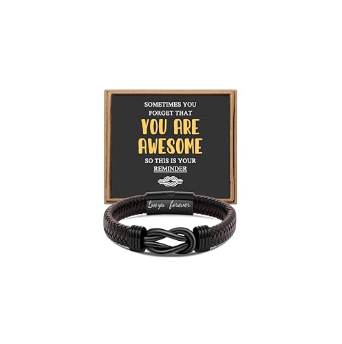 Gift for Men Infinity Bracelet for Men Dad Husband Boyfriend Son Grandson Brother Nephew Uncle Brown Braided Leather Forever Linked Together Stainless Steel Engraved with Love You Forever Jewelry 7.5|8.5|9 Inches - color: Inspirational Bracelet-You Are Aw