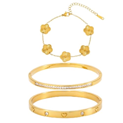 Gold Bangle Bracelets for Women -2PCS Friendship & Love Bangle Bracelet Clover Nail Bracelet Stack Set Trendy Non-Tarnish Stainless Steel Jewelry Gifts for Mom Wife Her - color: Gold 3PCS