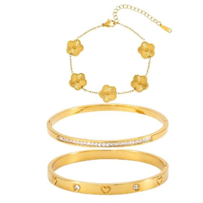 Gold Bangle Bracelets for Women -2PCS Friendship & Love Bangle Bracelet Clover Nail Bracelet Stack Set Trendy Non-Tarnish Stainless Steel Jewelry Gifts for Mom Wife Her - color: Gold 3PCS