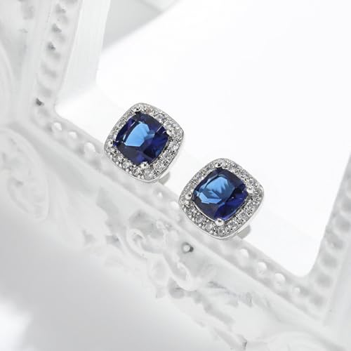Cubic Zirconia Necklace and Earrings Set for Women 14K White Gold Plated Bridesmaid Silver Jewelry Set for Women Pendant Necklace Hypoallergenic Stud Earrings Set Jewellery Gift for Mom Wife Bride Bridesmaid - color: Sapphire Blue-Square Shape