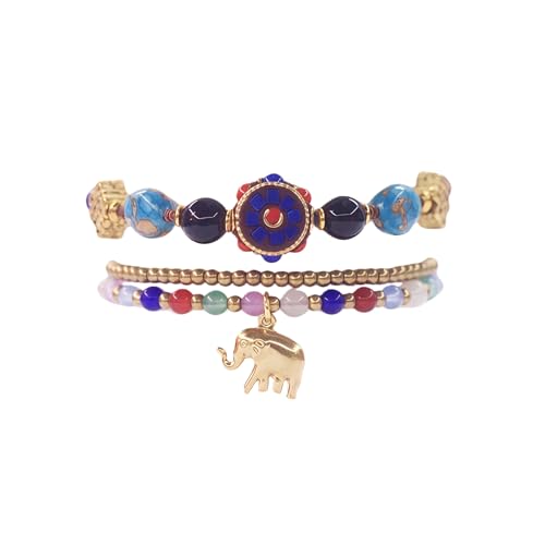 Petite Adjustable Boho Bracelet for Small Wrists 6-7.5 Inch - Handmade Nepalese Buddhist Prayer Bracelet with Elephant Charm, Brass Bell, Turquoise Stone & Tibetan Mantra Beads, Spiritual Lucky Gift - color: Colorful-2Pcs