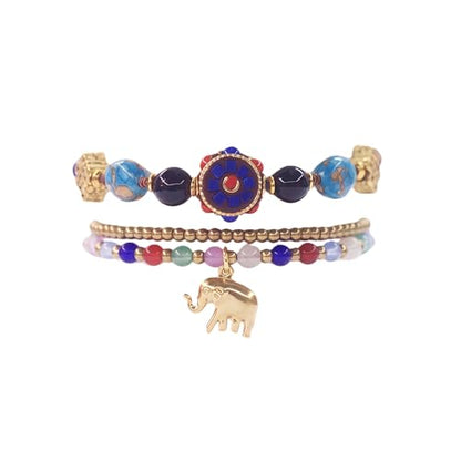 Petite Adjustable Boho Bracelet for Small Wrists 6-7.5 Inch - Handmade Nepalese Buddhist Prayer Bracelet with Elephant Charm, Brass Bell, Turquoise Stone & Tibetan Mantra Beads, Spiritual Lucky Gift - color: Colorful-2Pcs