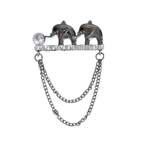 Ash Black Tassel Chain Elephants Brooch Pin for Women Men Unisex Vintage Crystal Shell Pearl Animal Brooches Lapel Pins Boho Dress Accessories Jewelry for Hat Bag Suit Tie