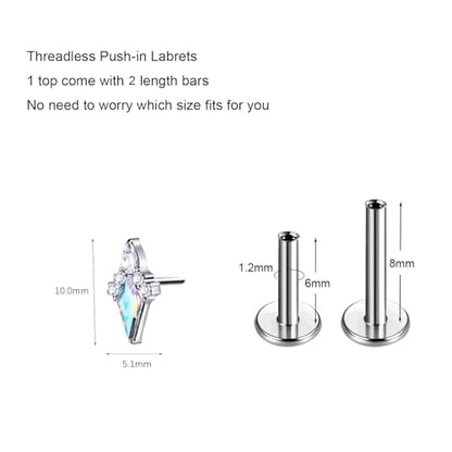 1pcs 16G 18G G23 Titanium Threadless Labret Studs Push-in Labret Lip Cluster Tragus Helix Conch Lobe Rook Cartilage Push Back Piercing Jewelry Earring - style: big-rhombus-AB