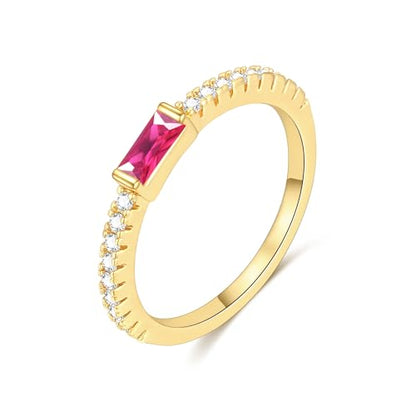 RLMOON Birthstone Gold Rings for Women Non Tarnish 14K Gold Plated Eternity Stackable Rings Dainty CZ Gemstone Engagement Rings Wedding Band Jewelry Gifts Size 4-10 - color: 07. July(Created Ruby)
