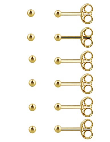 6Pairs 2mm/3mm Surgical Steel Hypoallergenic Piercing Studs, 20G 14K Real Gold Filled Tiny Stud Earrings Set for Multiple Hole Piercing (Cubic Zirconia, Pearl, Ball) - style: A : Ball, Gold, 2MM, 6 Pairs