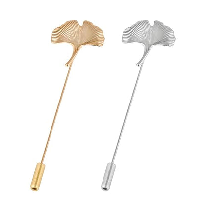 Dreuyet Simple Gold Silver Plated Long Brooch Pins with Cute Animal Antlers Leaves Plant Bees Rabbits Rose Flower Feather Brooch Jewelry for Women Men Elegant Suit Collar Lapel Pin - style: Ginkgo Leaves