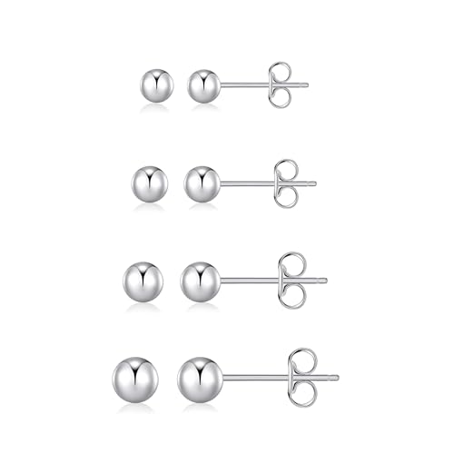 BMMYE 4 Pairs Silver Stud Earrings for Women Stainless Steel Ball Earrings | Small 14 Gold Plated Earrings Studs Set with Cubic Zirconia Waterproof Hypoallergenic Silver Ball Earring for Women - color: 4pair silver ball