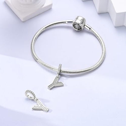 Hapour Letter 925 Sterling Silver Charm with Cubic Zirconia Alphabet A-Z Initial Dangle Charms Beads Pendent DIY Jewelry for Bracelets Necklace - color: Y