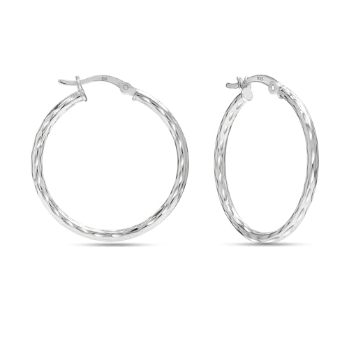 LeCalla 925 Sterling Silver Hoop Earrings for Women | Lightweight Classic Diamond-Cut Textured Hoop Earring | Women's Earring Hoops Size 20/25/30/35/40MM - color: 28MM / Tube-2mm